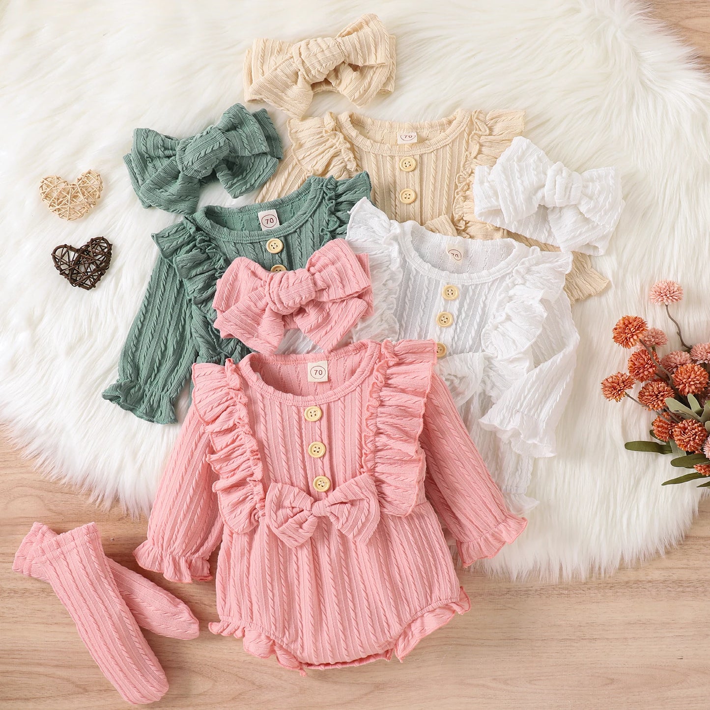 0-12M Infant Baby Girls 3Pcs Fall Outfits Long Sleeve Button Front Ruffle Romper + Socks + Headband Set Lovely Baby Girl outfit