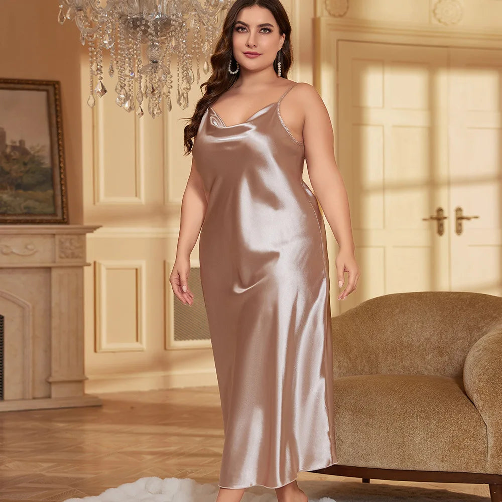 Quality Curvy Size Summer Thin Solid Colour Sleepwear Luxury Imitation Silk.