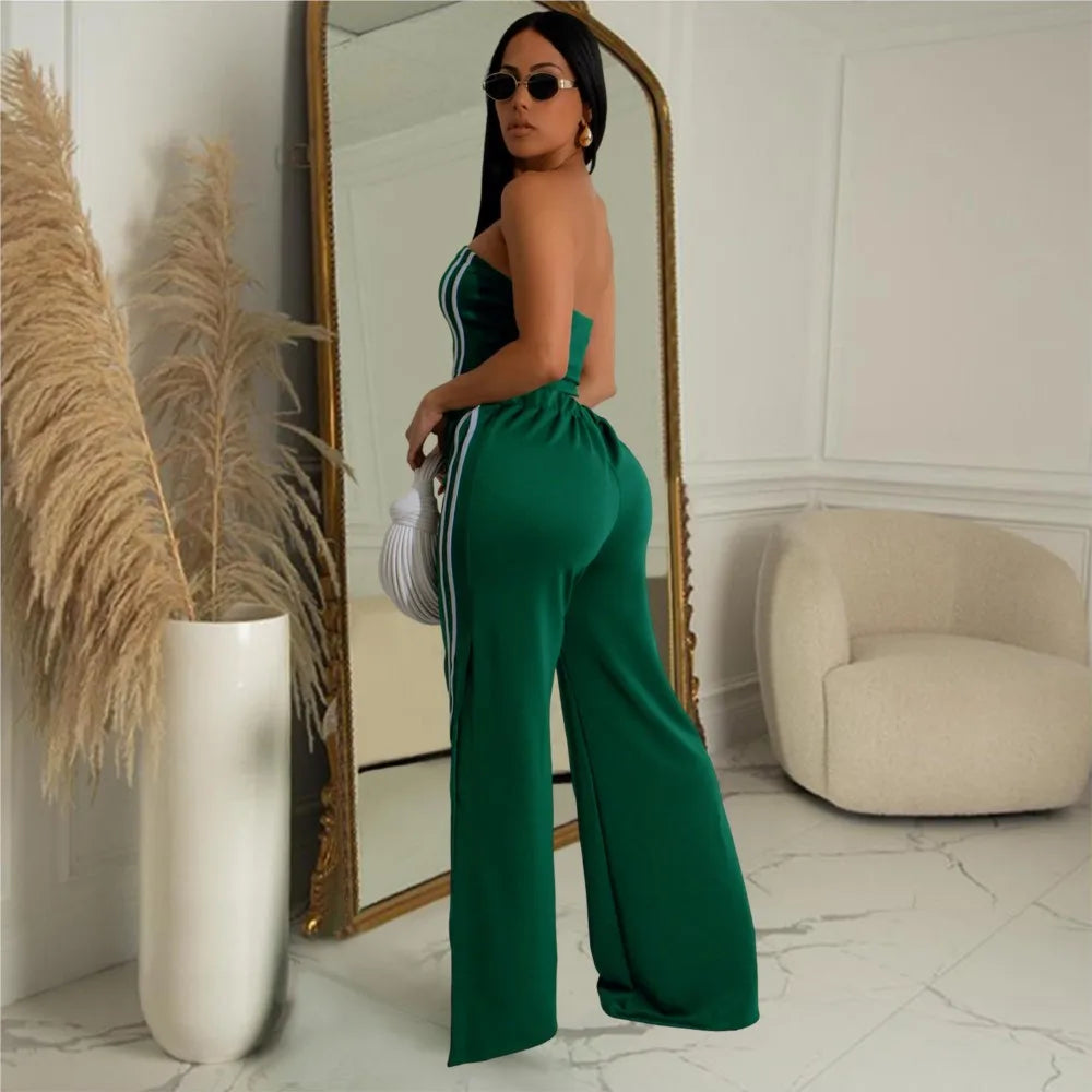 Women's Sexy Sleeveless Wide-leg Pants Two-piece Summer New Female Casual Solid Color Striped Top Long Pant Suit 2025.  S-2x