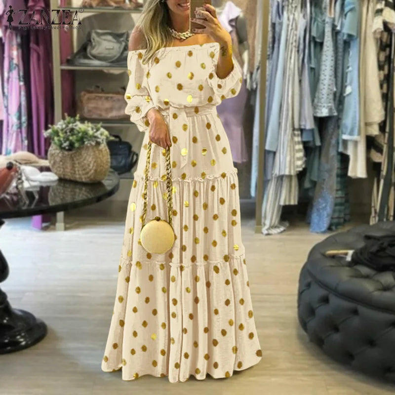 Women's Sexy One-line Neckline Off-the-shoulder Fashion 2025 Spring/summer Polka Dot Dress.  S-3X