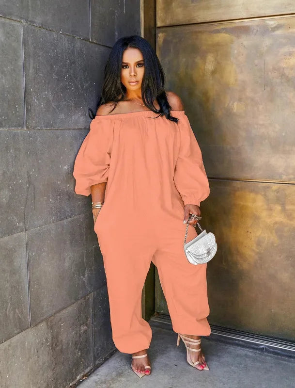 Solid Off Shoulder Jumpsuit for Women Casual Long Sleeve Rompers Loose Solid colour Casual Jumpsuits 2025.  S-2x