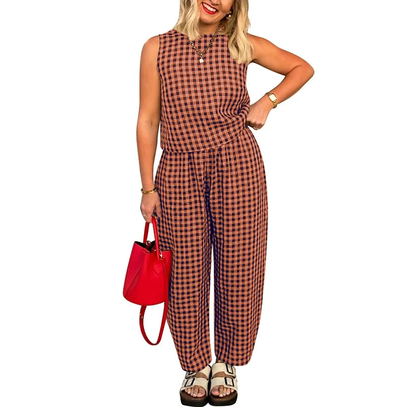 Women Pant Set Fashion Plaid Print Sleeveless Top Loose Pants Two Piece Casual Outfit.  S-2X