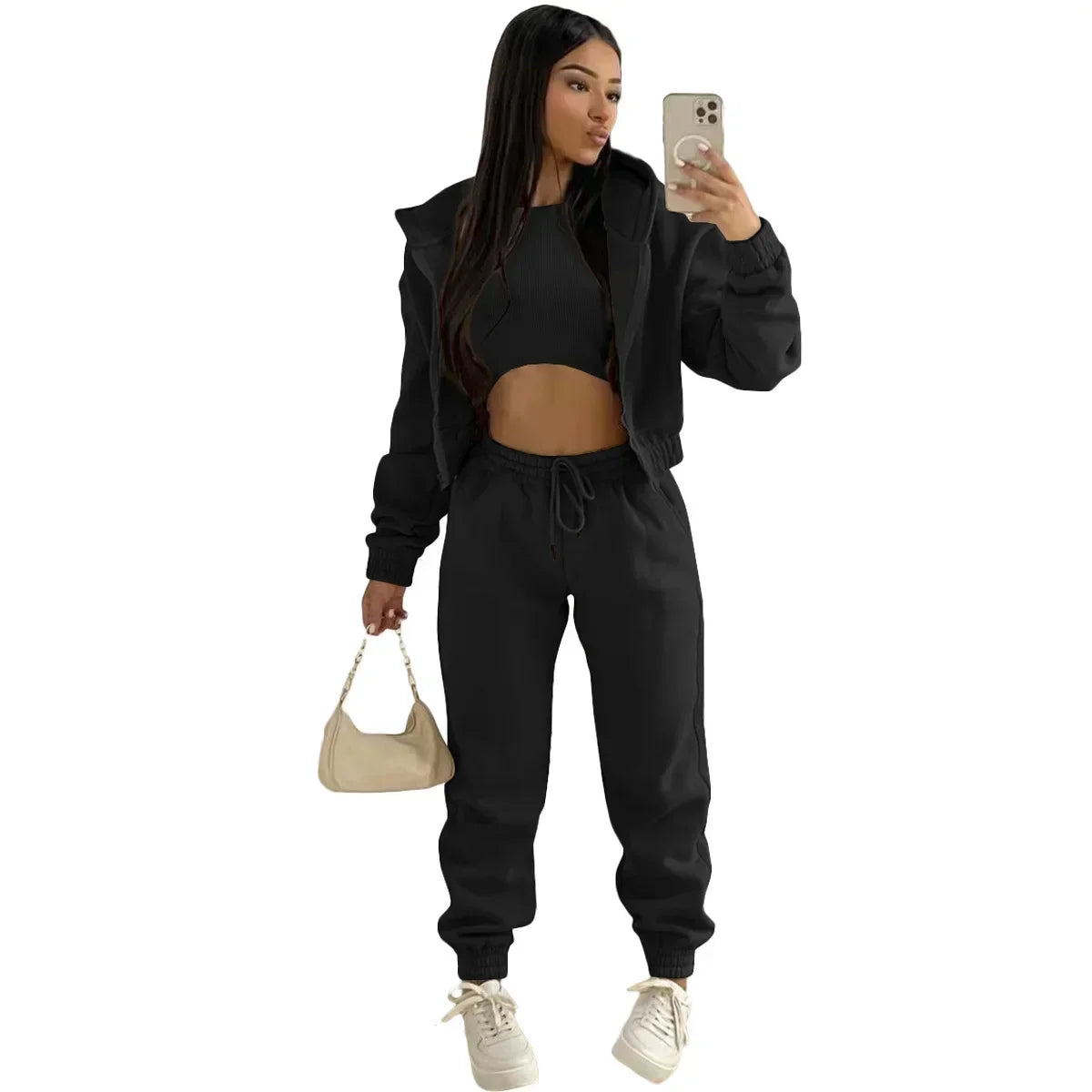 3pcs Women's Clothing Set Fleece-lined Hooded Sweater & Sleeveless Tank Top &  Sweatpants Pants.  S-2x