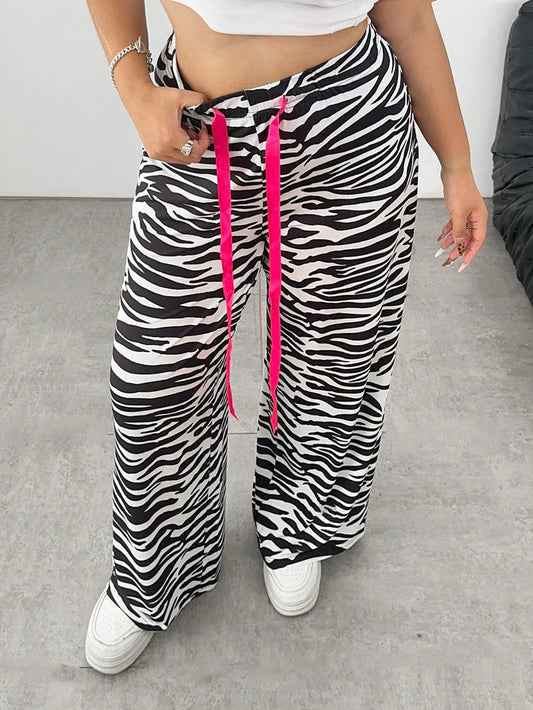Plus Size Ladies Casual Fashion Zebra Print Loose Wide Leg Long Pants Polyester Tie Belt All Season Wear.  XL-4X