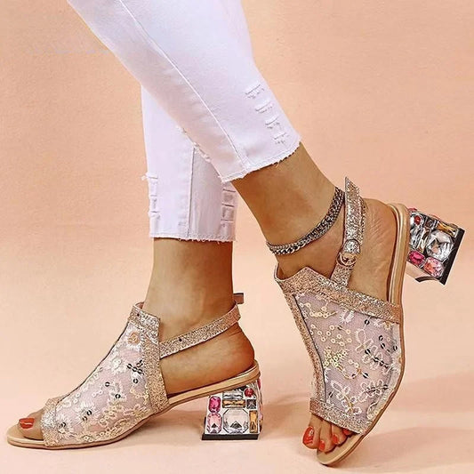 New Women Summer Fashion Peep Toe Bling Sandals Buckle Strap Rhinestone Sandals