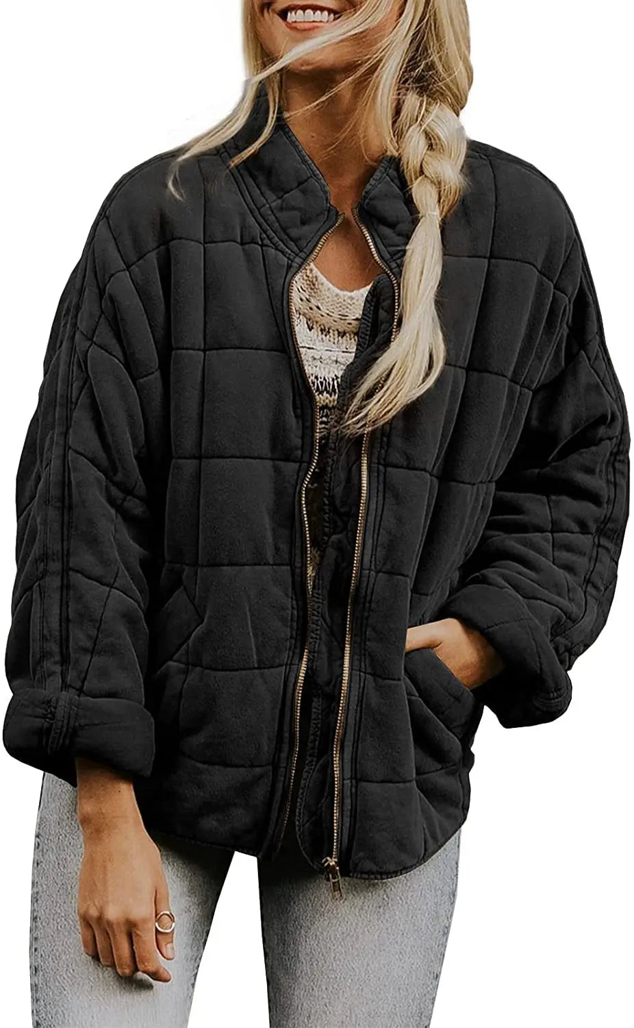 Solid Colour Stand-up Neck Cotton Jacket New Loose Pocket Long-sleeved.  S-2X