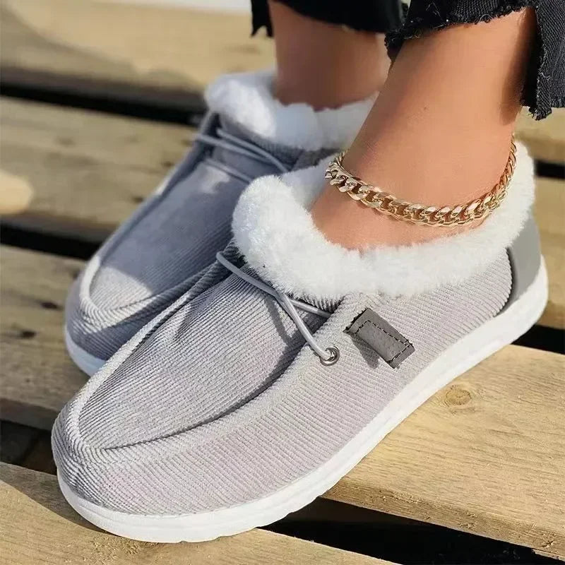 Women Warm Loafers Plush Flats Casual Cotton Shoes Solid Round Toe Sports Shoes