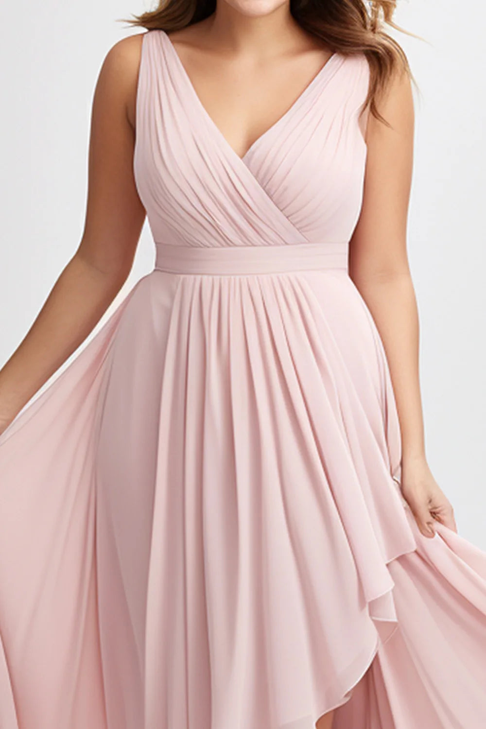 Ladies Curvy Size Light Pink Elegant Chiffon Wrap Sleeveless Dress