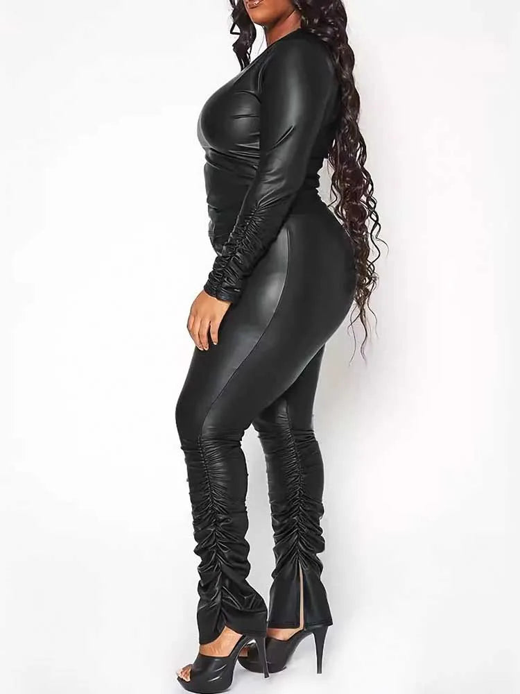 Ladies Curvy Size 2 Piece Outfit Tight Stretchy Leather Pu Top and Leggings.