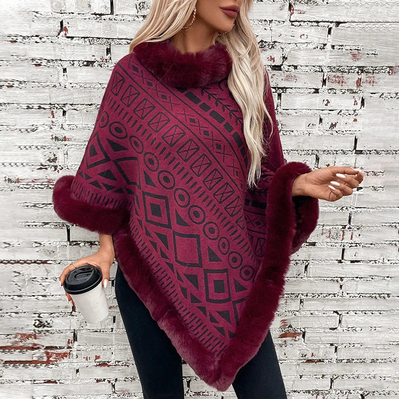 Women Poncho/ Sweater Pullover Fur Collar Cloak Irregularity Warm Thick Elegant Autumn Winter Casual Poncho
