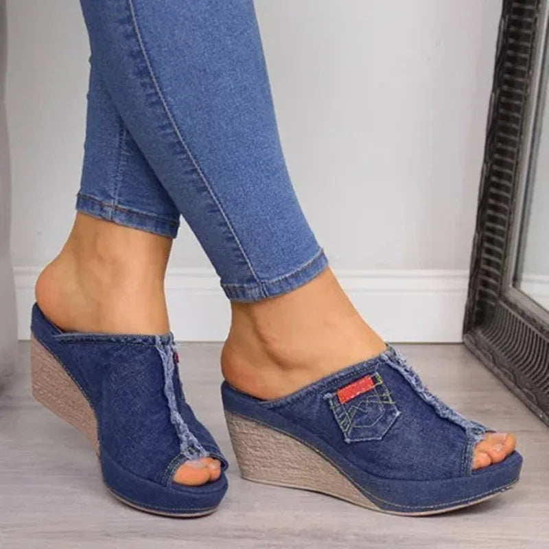 Women's Summer New Denim Western Style Fashion Retro Wedge Platform Peep Toe Sandal Mules.  35-43