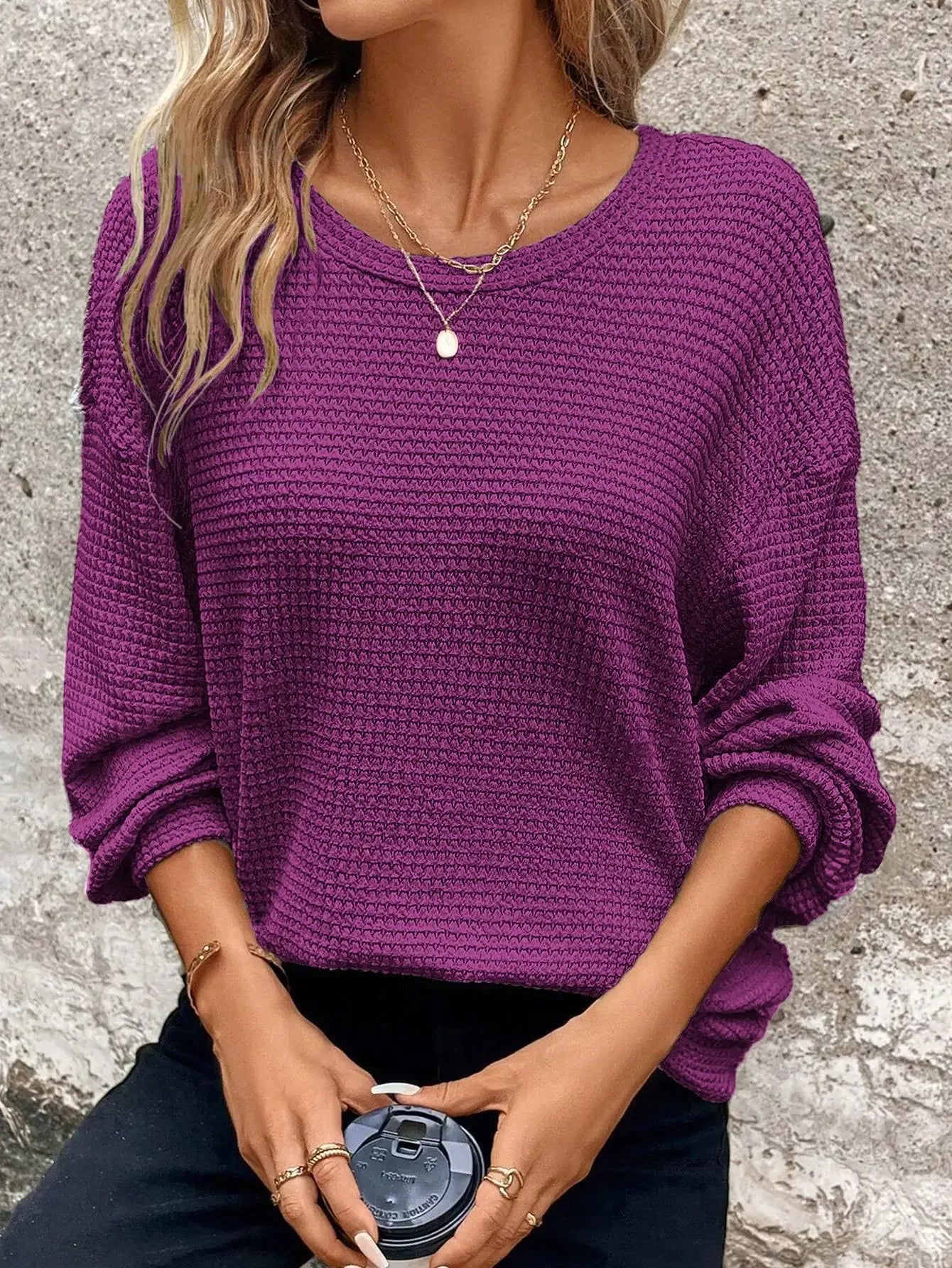 New Women's Plus Size 1XL-5XL Autumn/Winter Round Neck Pullover Long Sleeve Solid Colour Top