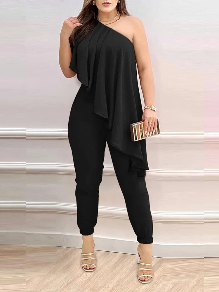New Pencil Pants Women Summer Printed Fashion Skew Collar Sleeveless Ruffles Jumpsuit.  S-2x