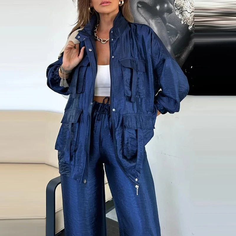 Women Casual Pocket Loose Sport Outfit Fashion Stand Collar & Long Pants Suit Elegant Long Sleeve Solid Colour 2Pc .