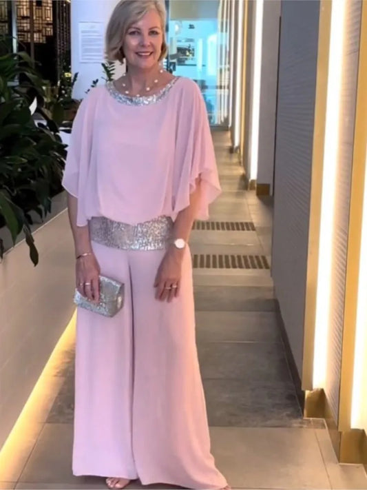 Fashion Sequin Splicing Chiffon Bat Wing Short Sleeved Blouse Wide Leg Pants Elegant 2 Piece Set.  S-3xL