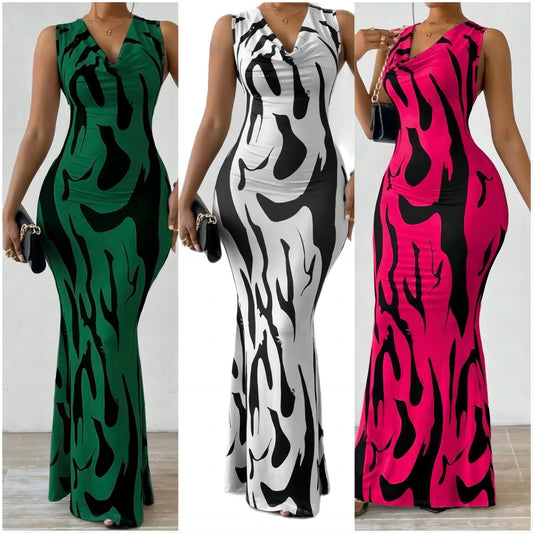 Women Print Dress Sleeveless Slim Fit Long Dress Midi Waist  Elegant Lady Summer Dress. S-2X