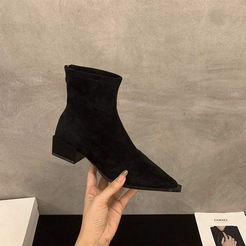 Designer Leopard Women Ankle Boots Fashion Pointed Toe Short Booties Ladies Concise Square Heels Shoes