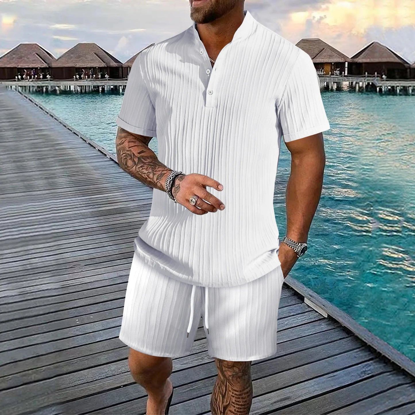 Spring and summer European Style new men's striped jacquard loose shorts and shirt set.   S-3x
