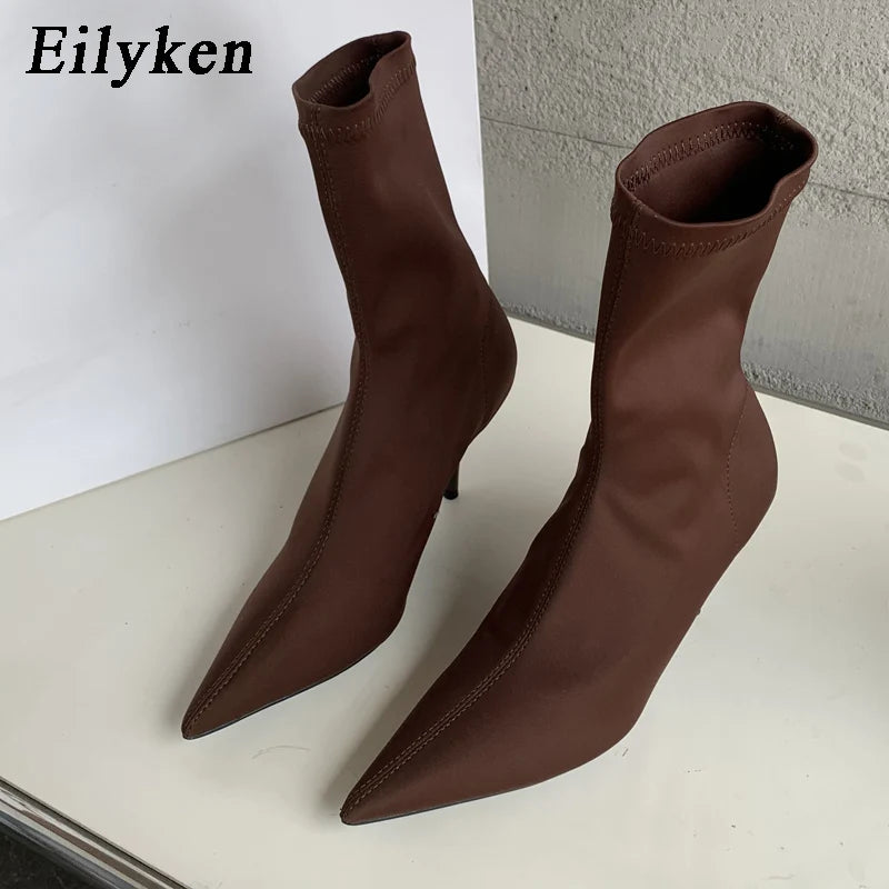 Women's Stretch Fabric Ankle Boots - Pointed Toe Thin High Heels