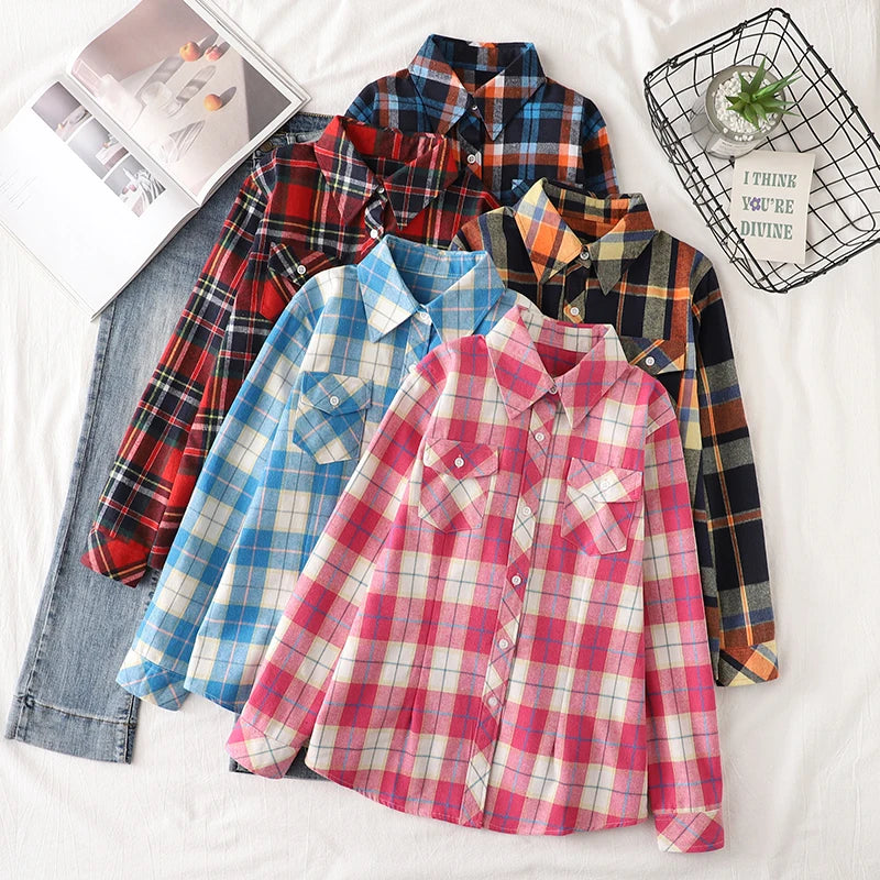 Cotton Flannel Plaid Casual Slim Fit Long Sleeve Top.  XS-3XL