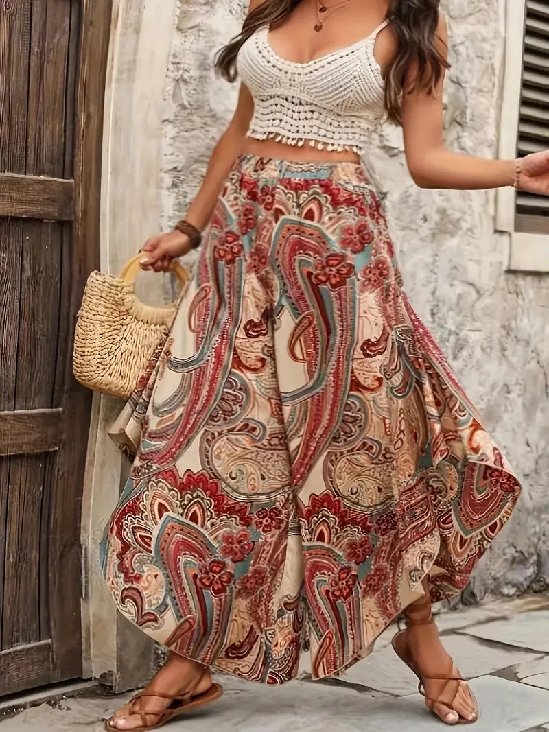 Plus Size Bohemian Paisley Print Women Pants Summer, Beach, Vacation Elastic Waist Casual Wide Leg Trousers