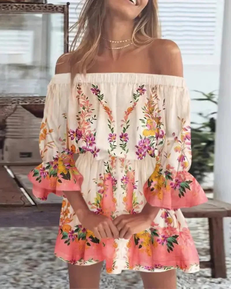 Sexy Neck Long Flare Sleeve Floral Print Mini Summer Boho Style Dress.  S-3x