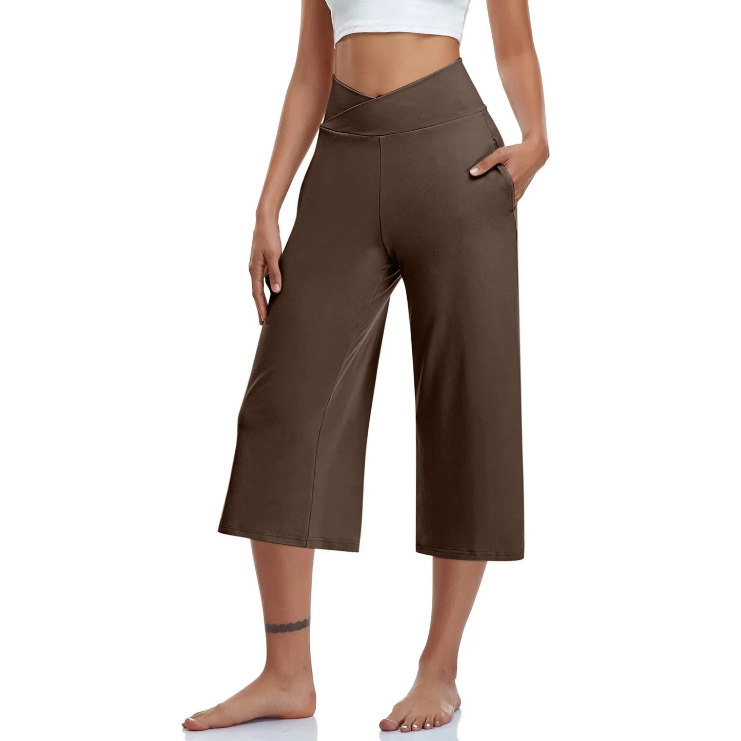 Spring and Summer Women Elastic High Waist 3/4 Pant Solid Casual Active Fit Wide Capri Leg Trousers With Pockets.  S-3X