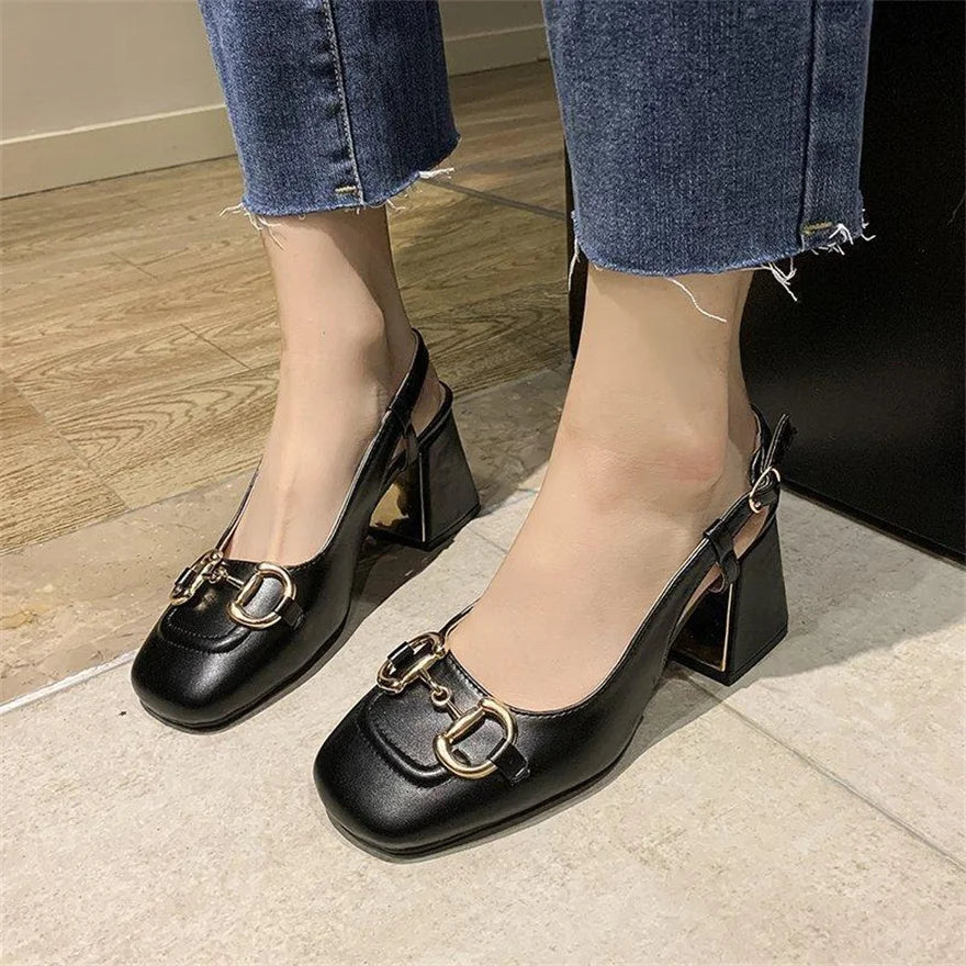 Women's 7 cm Sandals 2025 Summer French Style Thick Heel Square Toe Mary Jane Sandals.