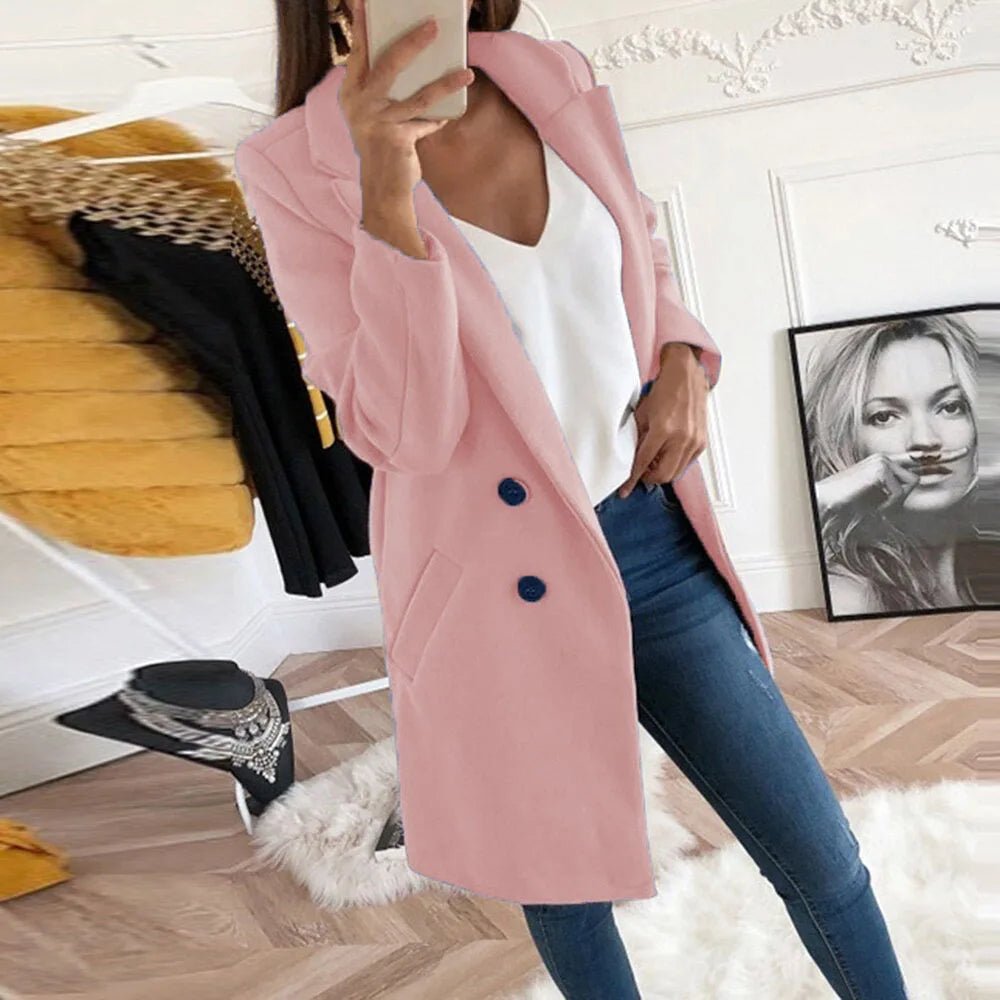Thermal Solid Woolen Coat Women Turn-down Collar Mid-Length Plus Size Double-breasted Thick Coat