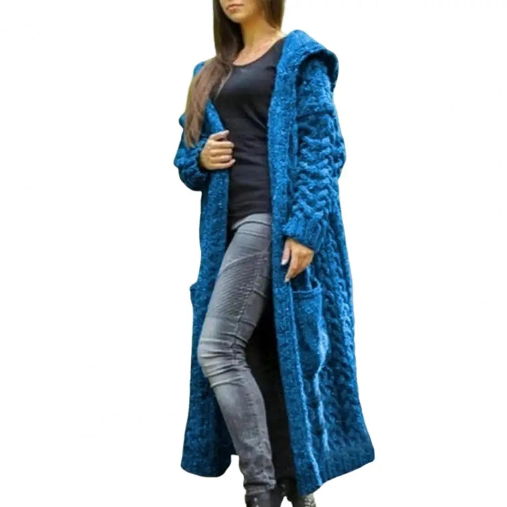 Women Sweater Jacket with Pockets Mid Length Hooded Knitted Twisted Texture Solid Colour Long Sleeve Thick Outerwear.  S-3xl