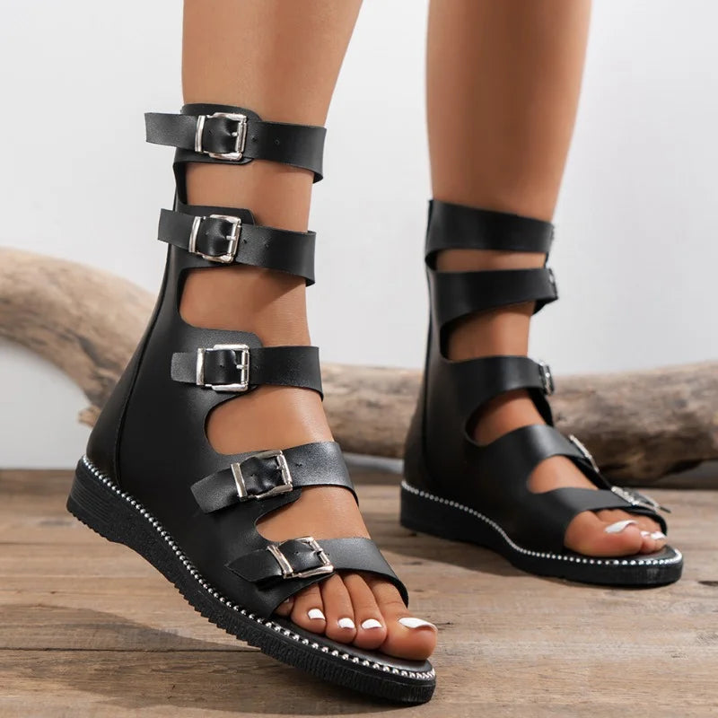 Summer Women's Open Toe Sandals New Roman Back Zip Flat Gladiator Sandals