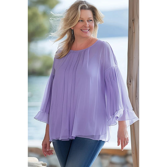 Plus Size Daily Casual Purple Crinkle Chest Layered Chiffon Pleated Flare Sleeves Blouse