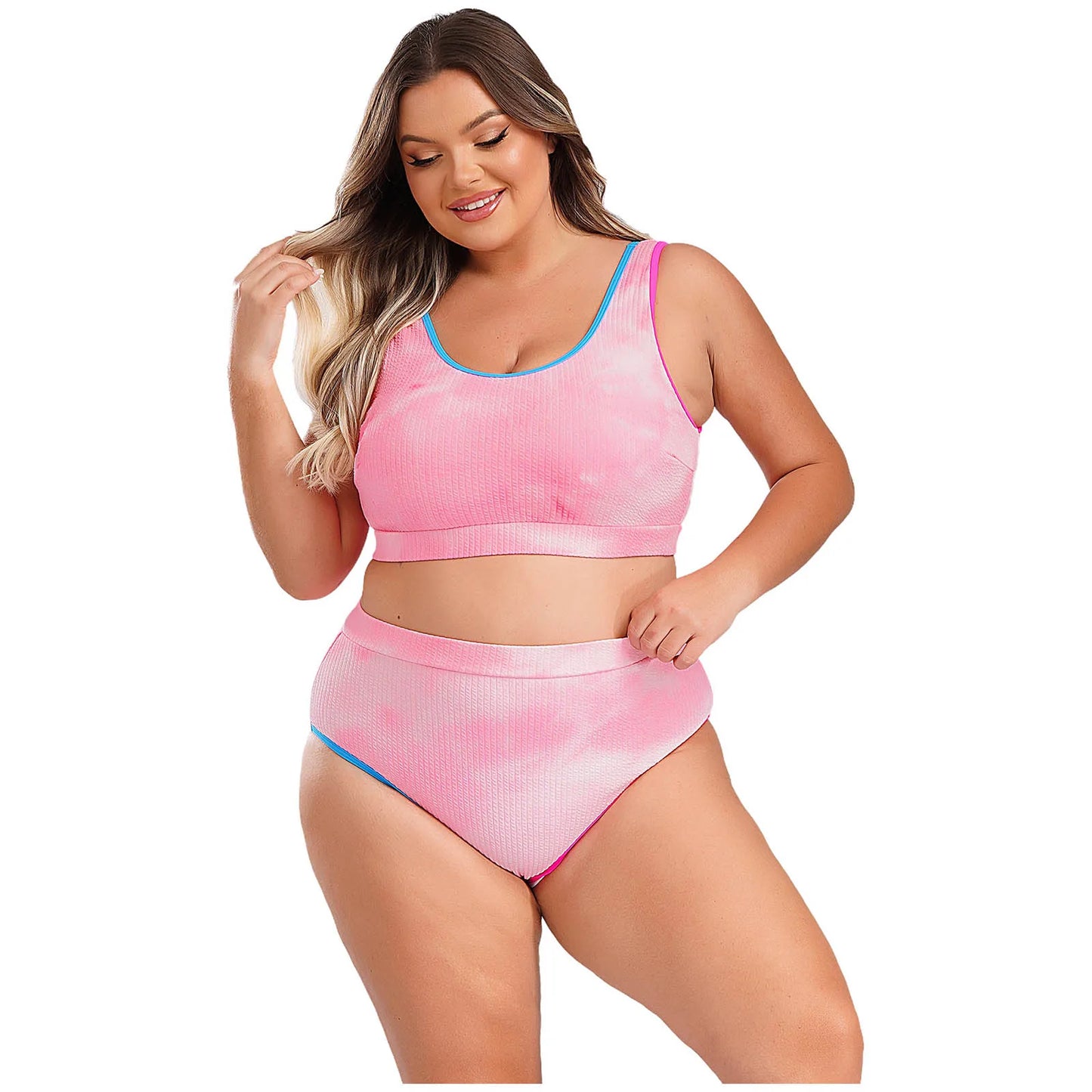 Womens Plus Size Sporty Swimsuit Two Pieces U Neck High Waisted Tankini Set Color Contrast Beach Swimming Bathing Suit Swimwear