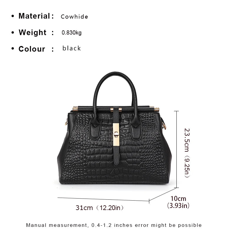 Genuine  leather women's handbag, large capacity crocodile patterned cowhide bag,