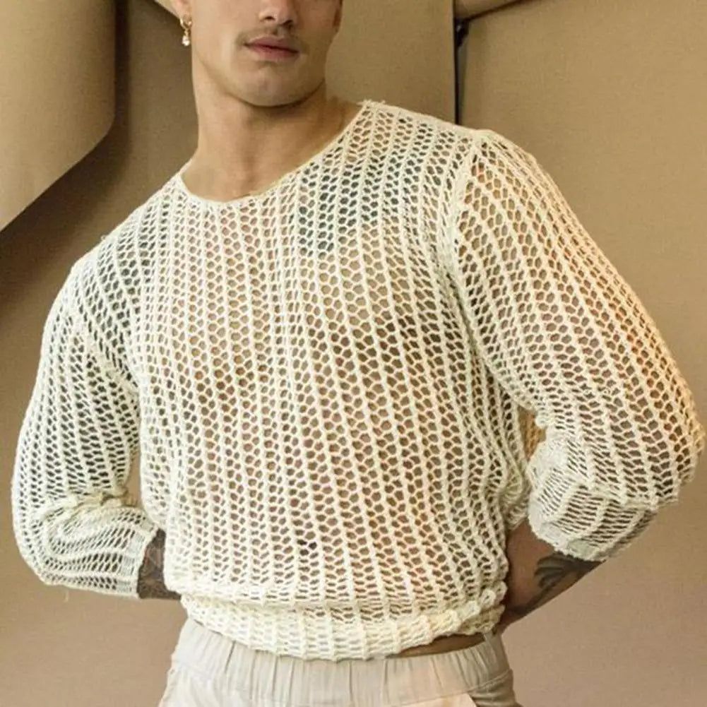 Men's Sexy Mesh Long Sleeve Round Neck Top