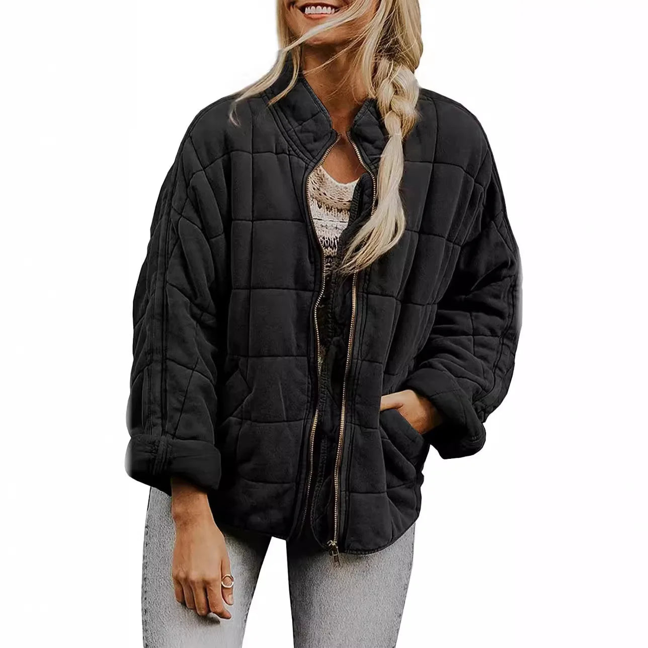 Solid Colour Stand-up Neck Cotton Jacket New Loose Pocket Long-sleeved.  S-2X