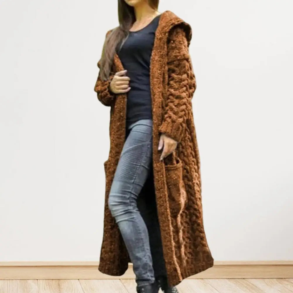 Women Sweater Jacket with Pockets Mid Length Hooded Knitted Twisted Texture Solid Colour Long Sleeve Thick Outerwear.  S-3xl