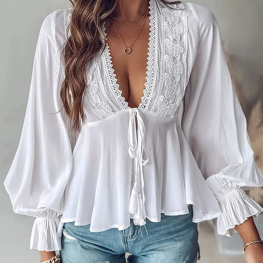 French vintage lace V-neck long sleeve lace-up waist blouse women's chic design.   S-XL