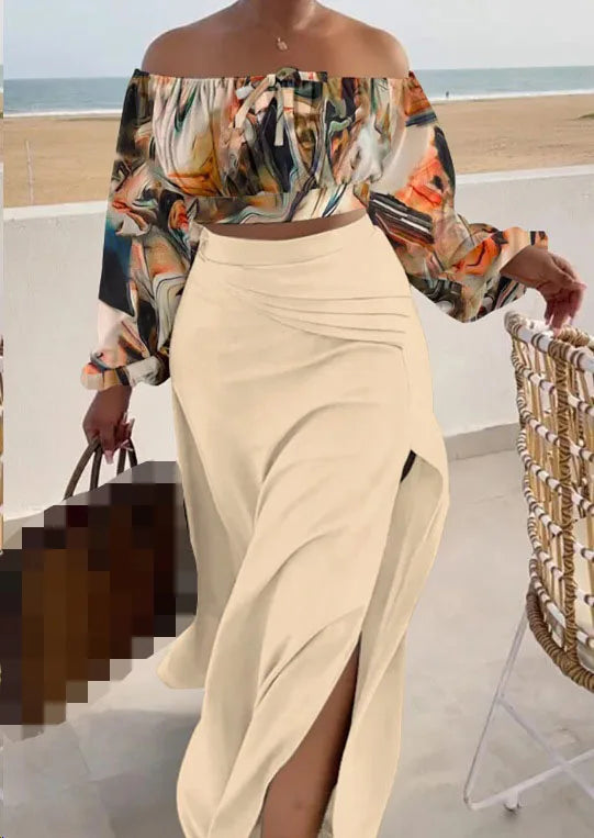 Casual Off Shoulder Sexy Slit Printed Loose Long Skirt Two Piece Set For Women Vacation Summer Outfit.  S-3X