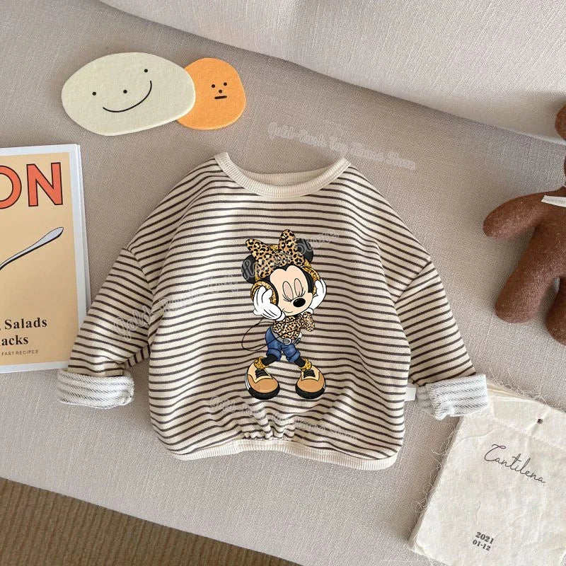 Disney Mickey Mouse 1-8T Cotton Children Clothing Long Sleeve T-shirts Striped Boy Girl Tops Kids T-shirt Autumn Spring Tee Kids