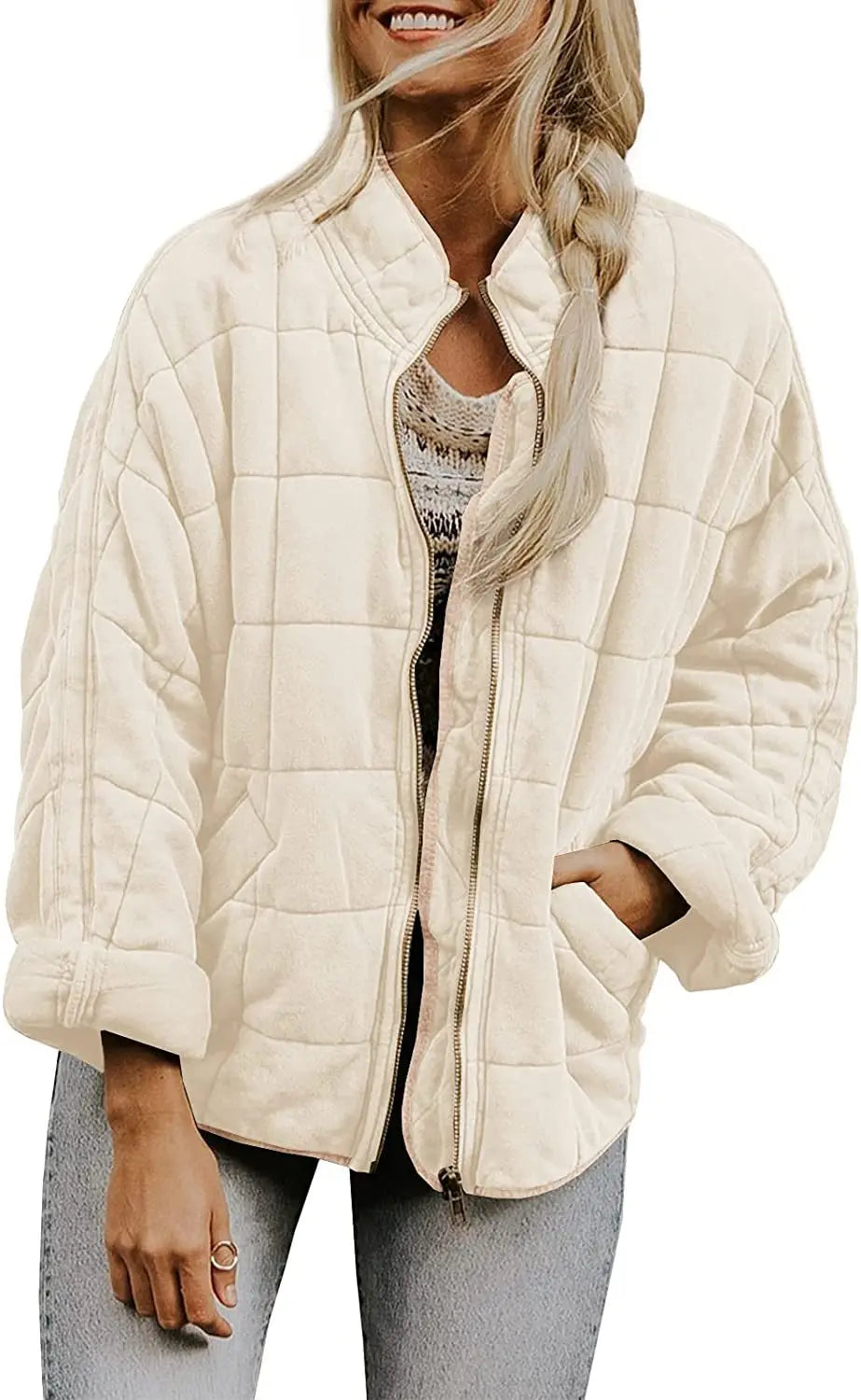 Solid Colour Stand-up Neck Cotton Jacket New Loose Pocket Long-sleeved.  S-2X