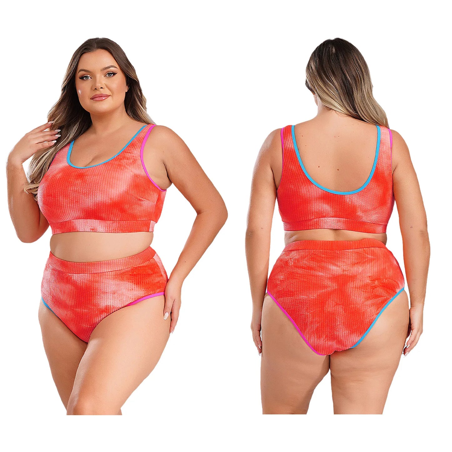 Womens Plus Size Sporty Swimsuit Two Pieces U Neck High Waisted Tankini Set Color Contrast Beach Swimming Bathing Suit Swimwear