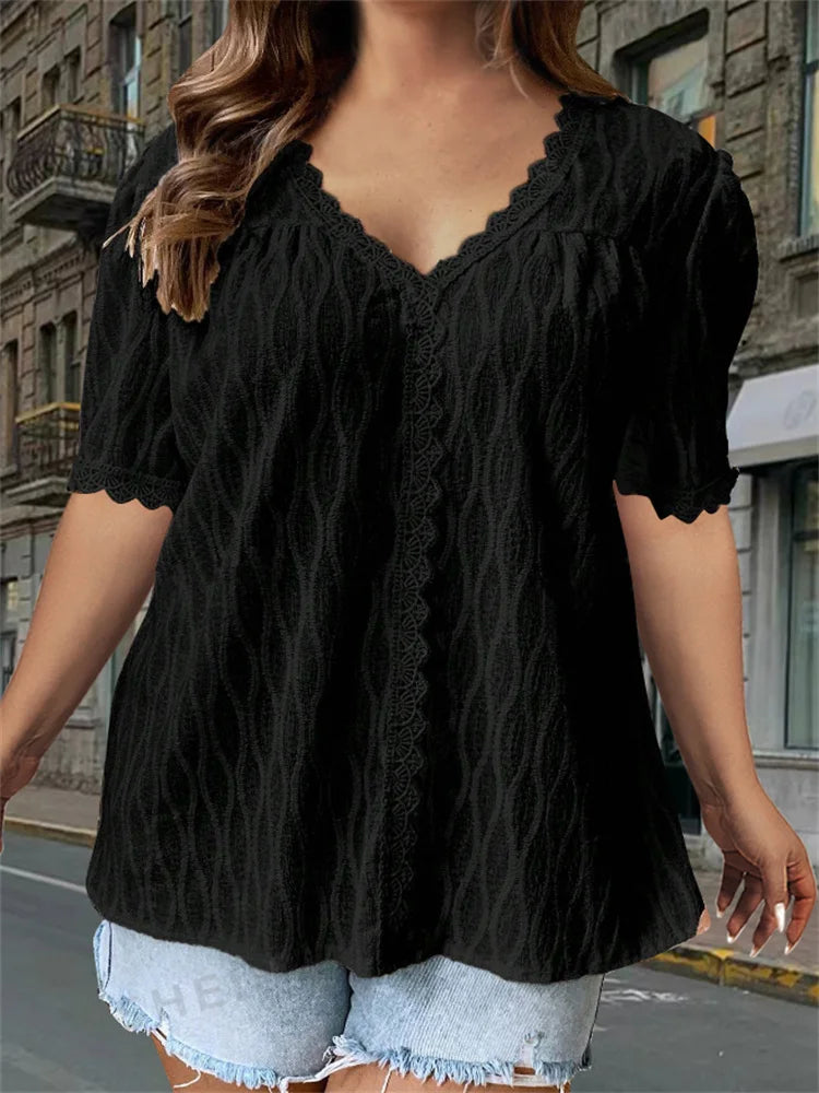 Plus size lace casual V-neck shirt