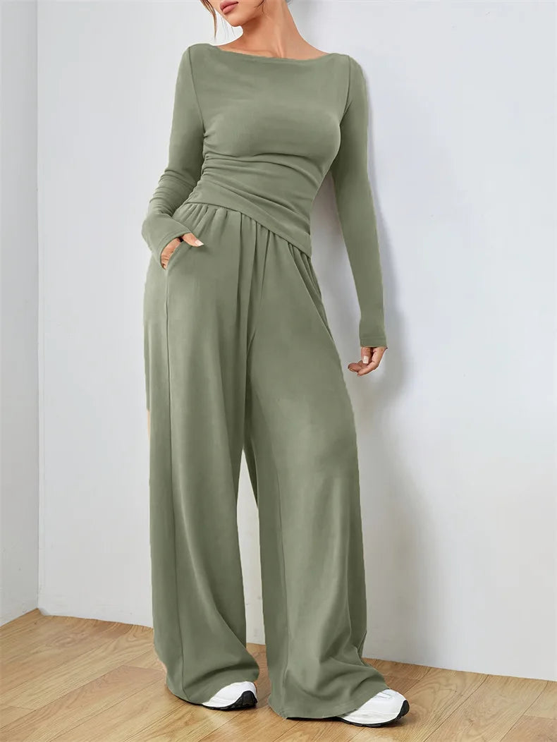 Relaxed Women's Two-Piece Wide-Leg Pant Set Soft And Comfortable Style.