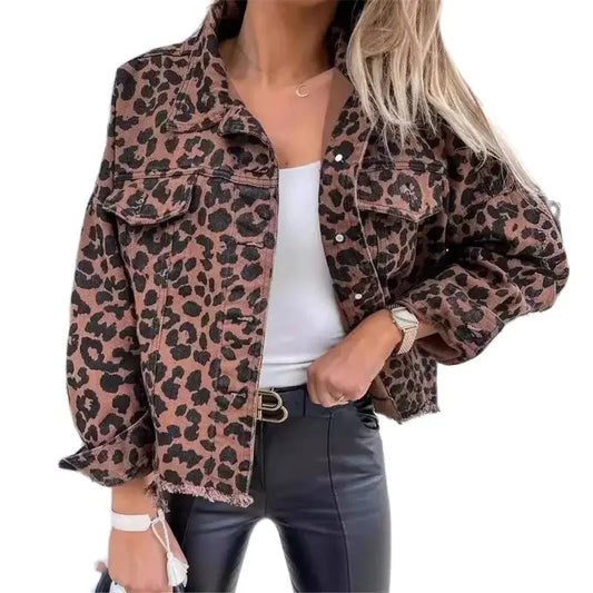 Fashion Leopard Print Tassel Hem Casual Lapel Single-breasted Denim Jacket.  S-XL