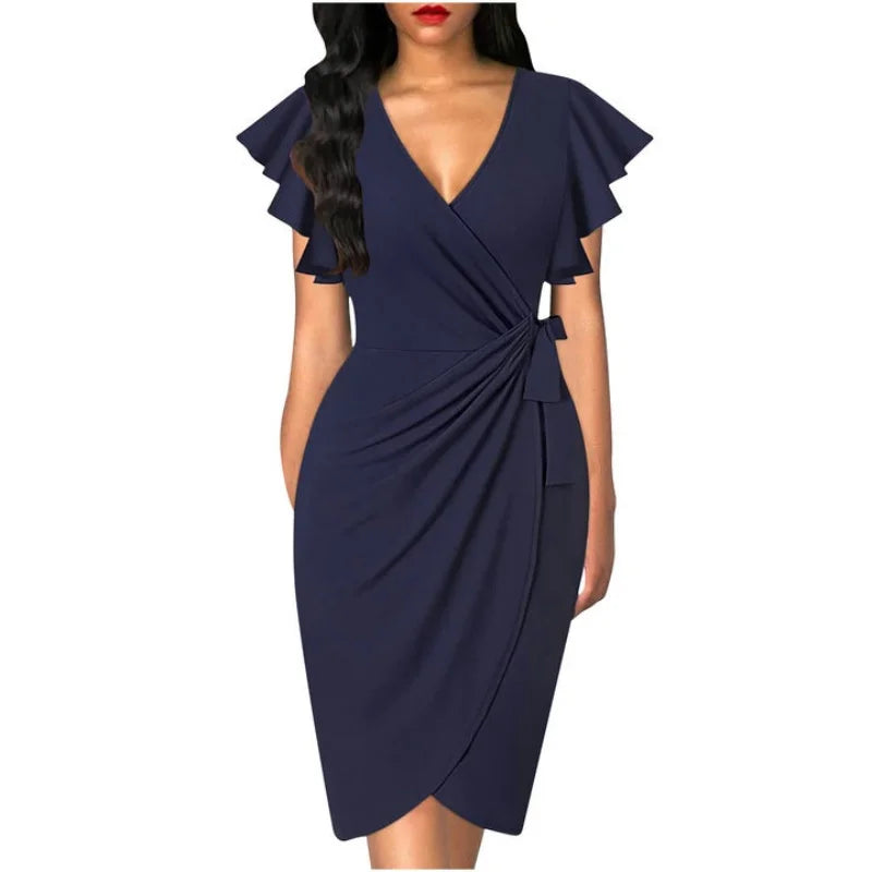 Sexy Summer Cocktail V Neck Ruffle Sleeve Ruched Formal Wedding Dress.  S-2X