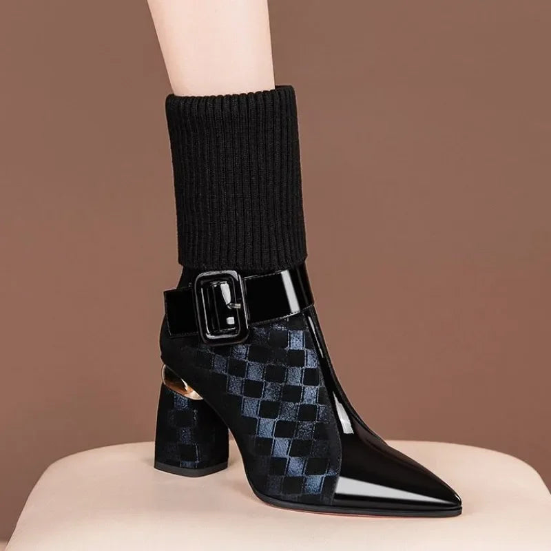 New Style Thick Heel Stretch Fabric Pointed Toe Zipper Fashion Boots