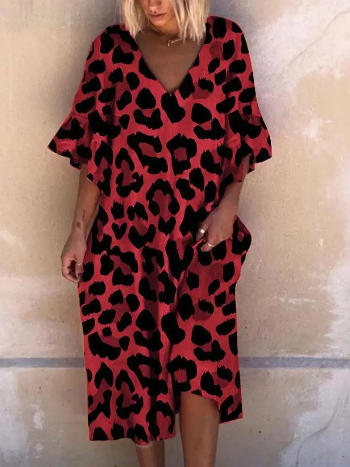 Fashion Leopard Print Dress Lady Casual Vintage V Neck Pullover Loose Dress.   S-3x
