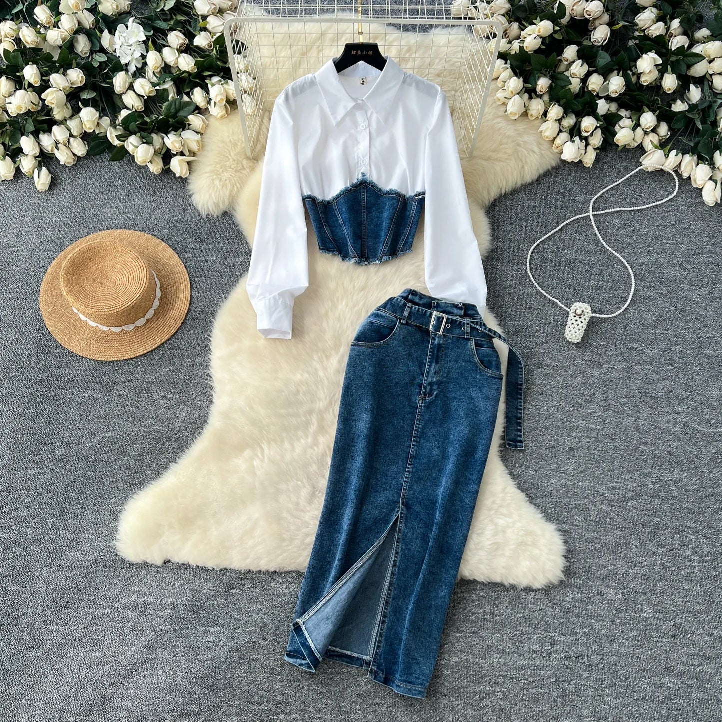 Women Two-Piece Western Style Shirt and High Waist Split Skirt.
