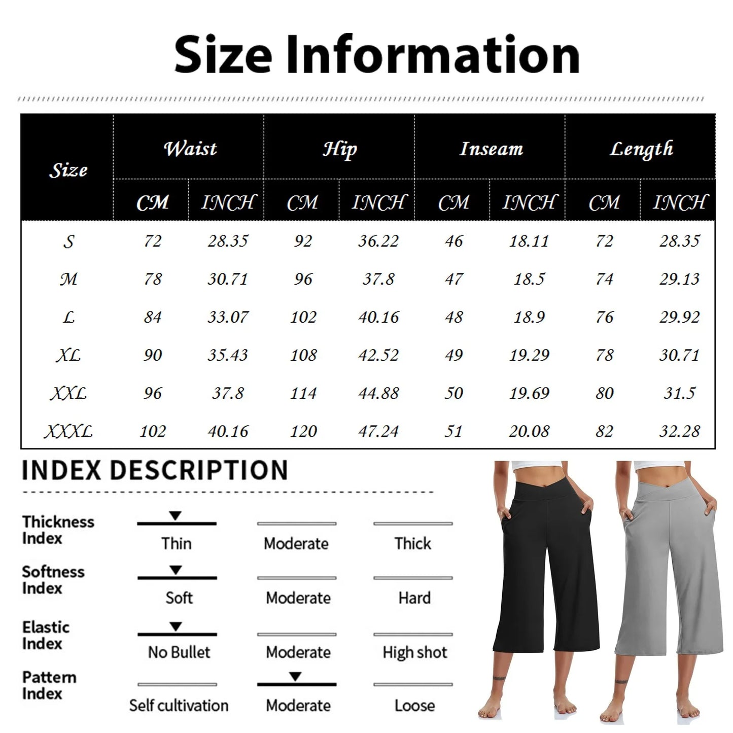 Spring and Summer Women Elastic High Waist 3/4 Pant Solid Casual Active Fit Wide Capri Leg Trousers With Pockets.  S-3X